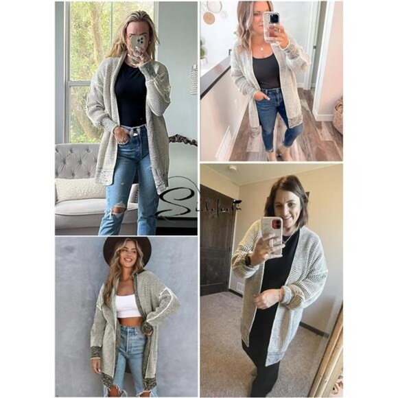 Womens Plaid Long Sleeve Open Front Cardigan Oversized Chunky Knit Sweaters Coat - Picture 4 of 5